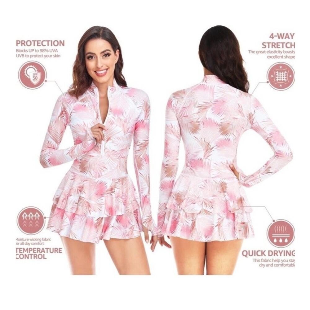 Uniquebella Rash Guard Swim Dress Swimsuit White Pink Modest One Piece NWT M - Picture 7 of 12